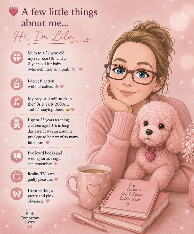 Hi, I’m Lila: an illustrated introduction to Lila Deanne, her family, love of coffee, books and all things pink, with a pink poodle beside her.